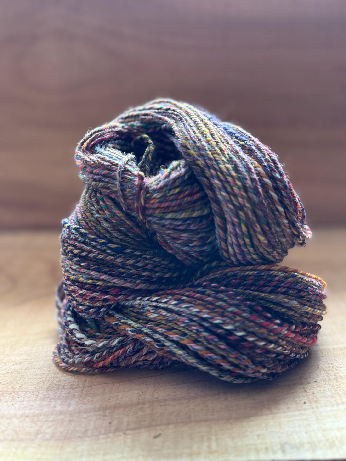 Handspun Yarn – Merino/Silk/Flax Blend, 190 Yards, 3-Ply Worsted – “Glimmerpine”