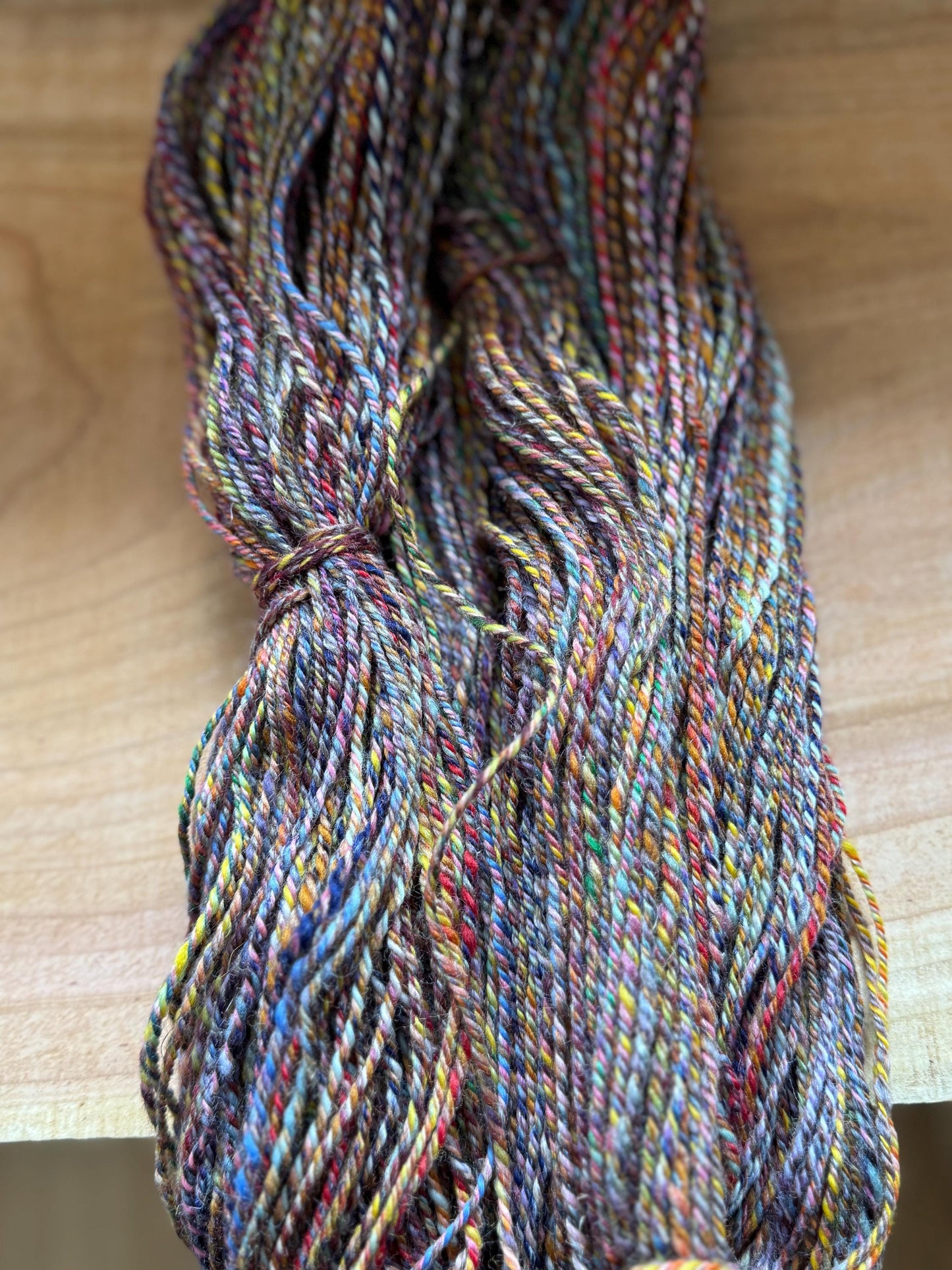 Handspun Yarn – Merino/Silk/Flax Blend, 190 Yards, 3-Ply Worsted – “Glimmerpine”