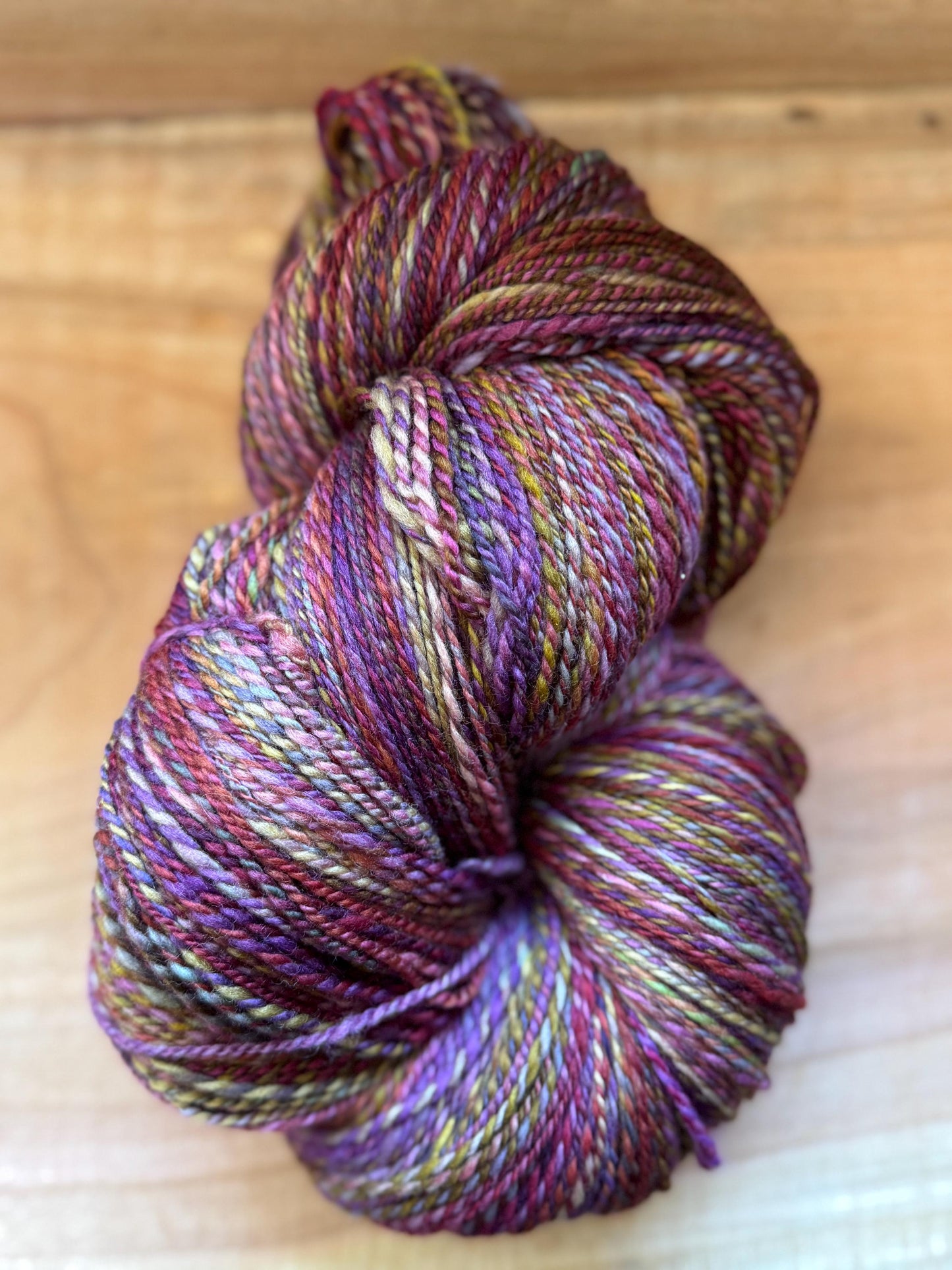 Handspun Yarn – 100% BFL Wool, 641 Yards, 2-Ply Sport Weight – “Rowanwine”