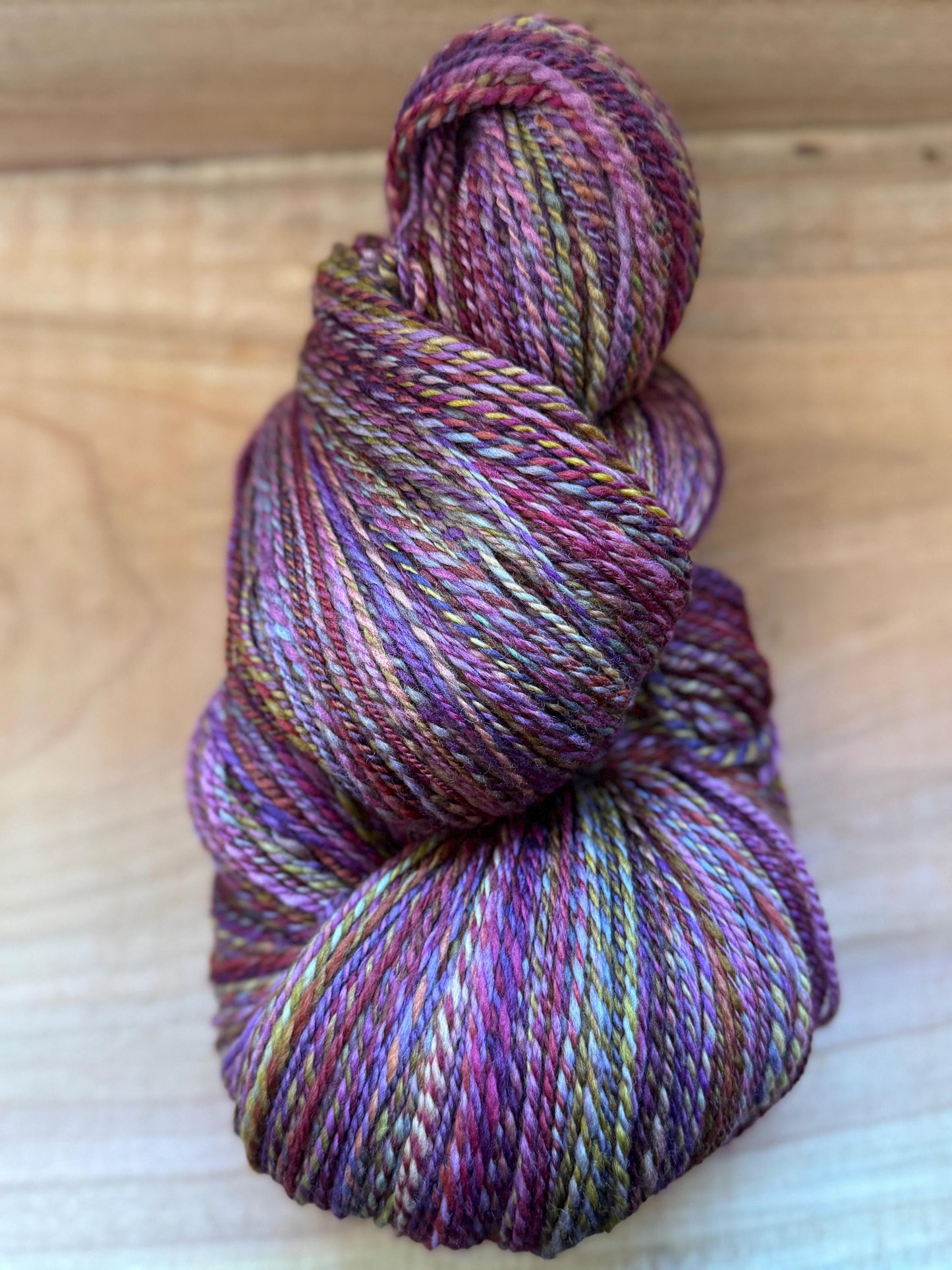 Handspun Yarn – 100% BFL Wool, 641 Yards, 2-Ply Sport Weight – “Rowanwine”