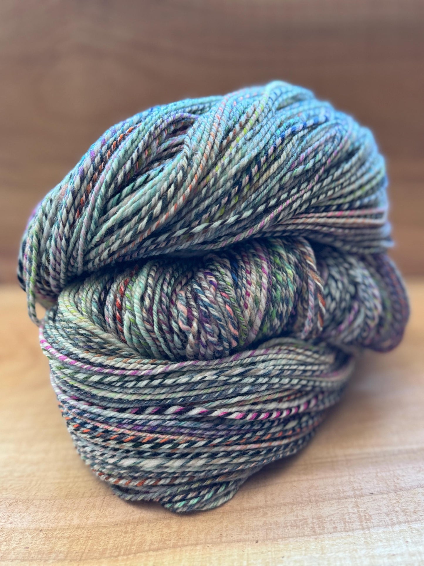 Handspun Yarn – Superwash Merino, 762 Yards, 3-Ply DK Weight – “Thistlefern”